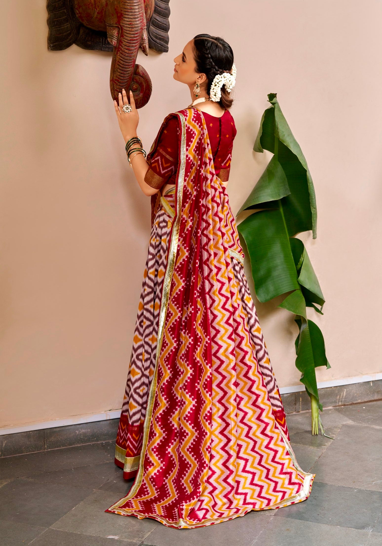Maroon Pure Tusar Silk Foil Printed South Indian Lehenga Choli