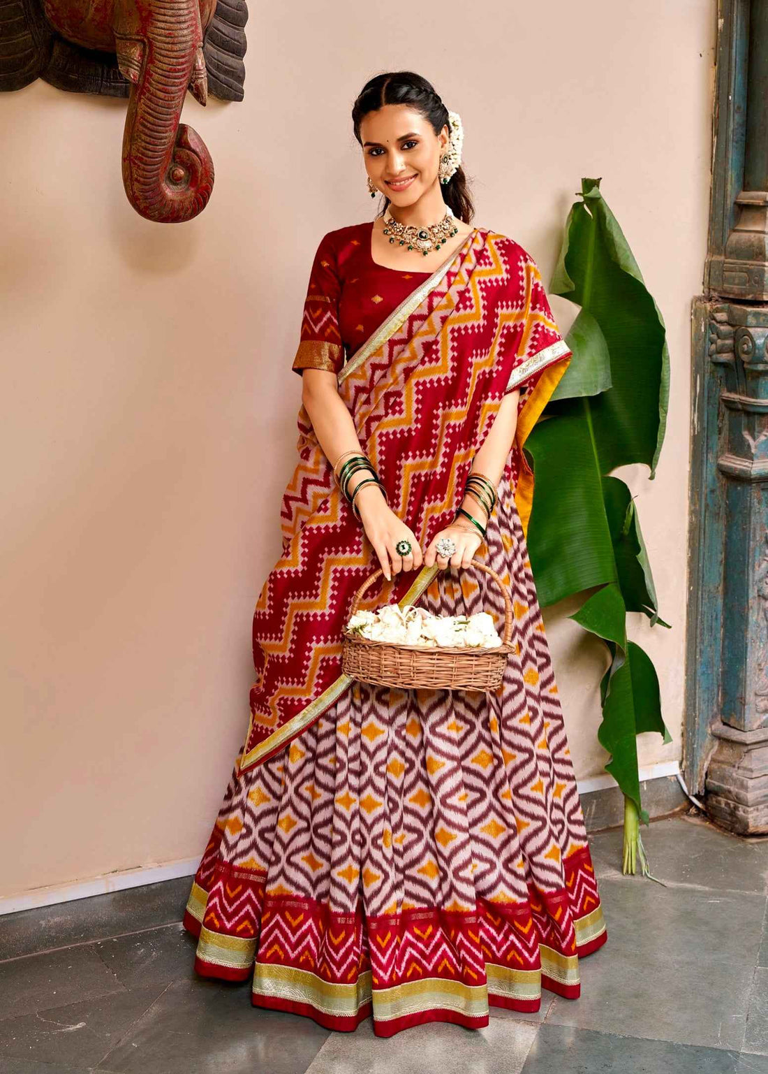 Maroon Pure Tusar Silk Foil Printed South Indian Lehenga Choli
