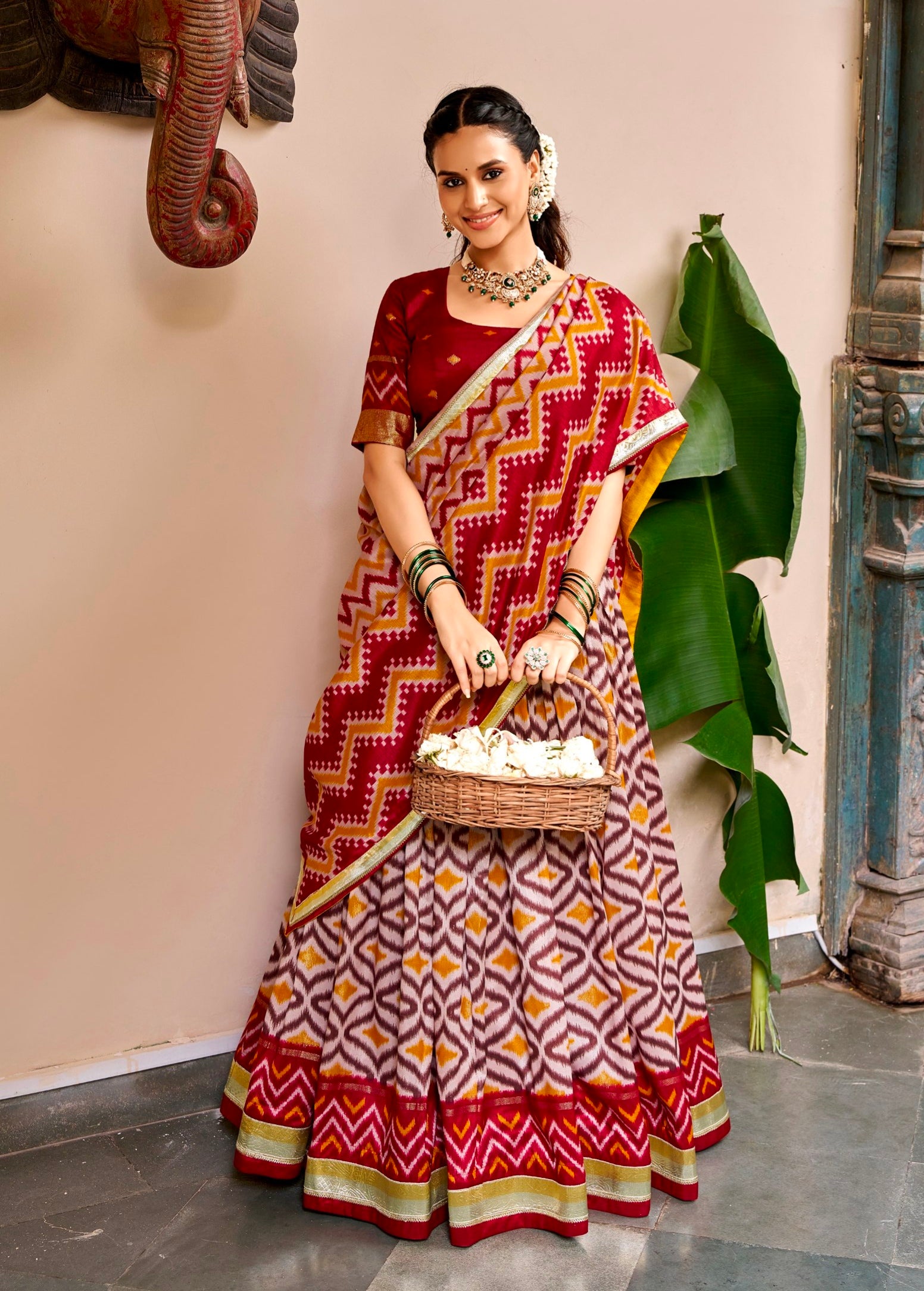 Maroon Pure Tusar Silk Foil Printed South Indian Lehenga Choli