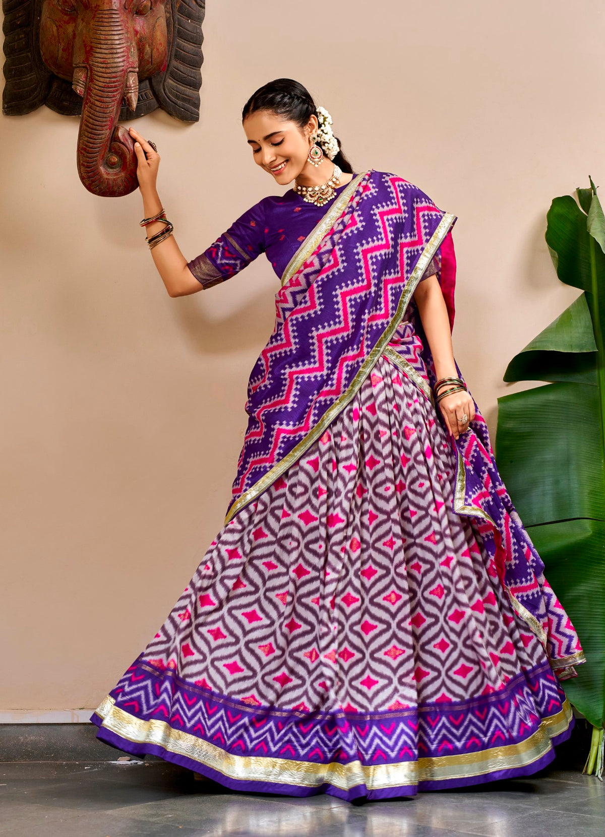 Purple Pure Tusar Silk Foil Printed South Indian Lehenga Choli