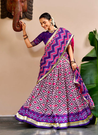 Purple Pure Tusar Silk Foil Printed South Indian Lehenga Choli