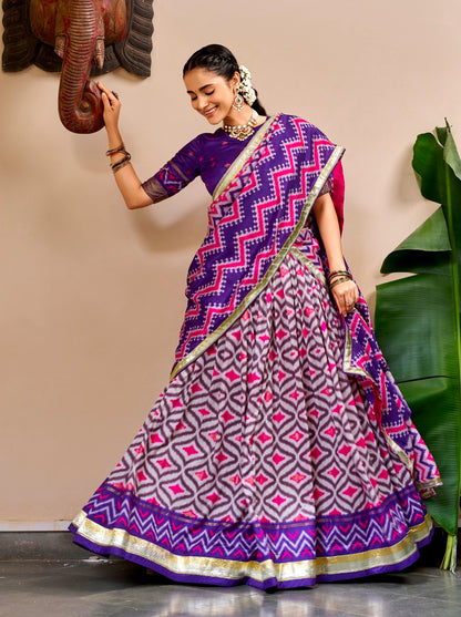 Purple Pure Tusar Silk Foil Printed South Indian Lehenga Choli
