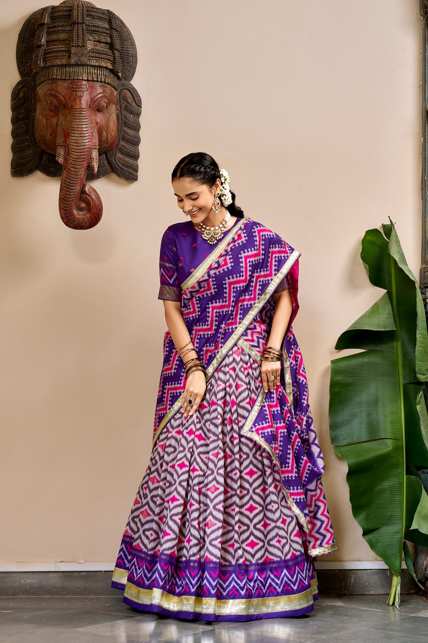 Purple Pure Tusar Silk Foil Printed South Indian Lehenga Choli