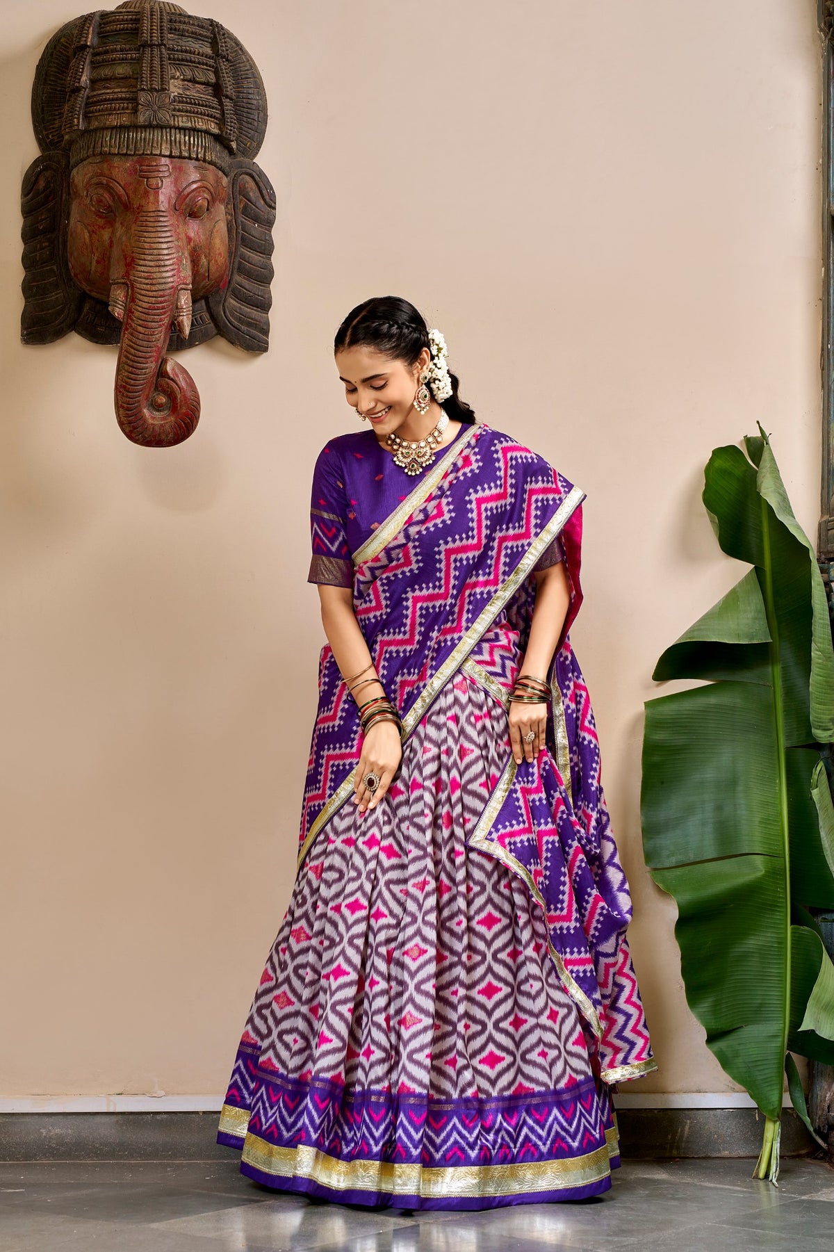 Purple Pure Tusar Silk Foil Printed South Indian Lehenga Choli