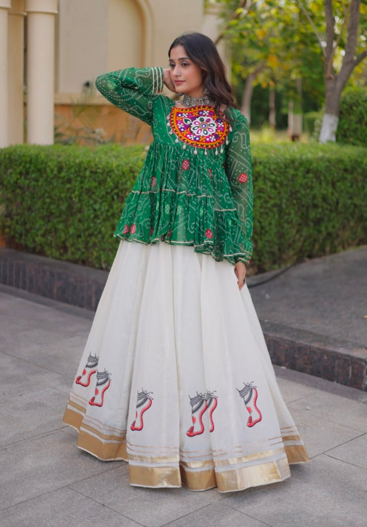 Blue Pure Faux Georgette Bandhani Print With Kutchi Patchework Navratri Lehenga Choli