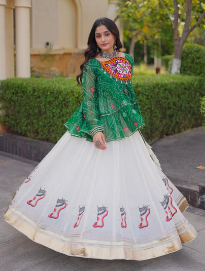Blue Pure Faux Georgette Bandhani Print With Kutchi Patchework Navratri Lehenga Choli