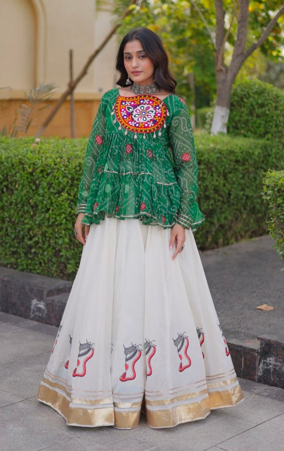 Blue Pure Faux Georgette Bandhani Print With Kutchi Patchework Navratri Lehenga Choli