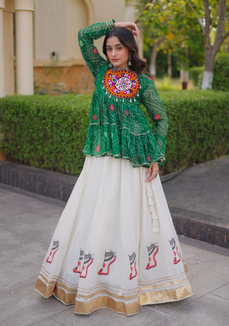 Blue Pure Faux Georgette Bandhani Print With Kutchi Patchework Navratri Lehenga Choli