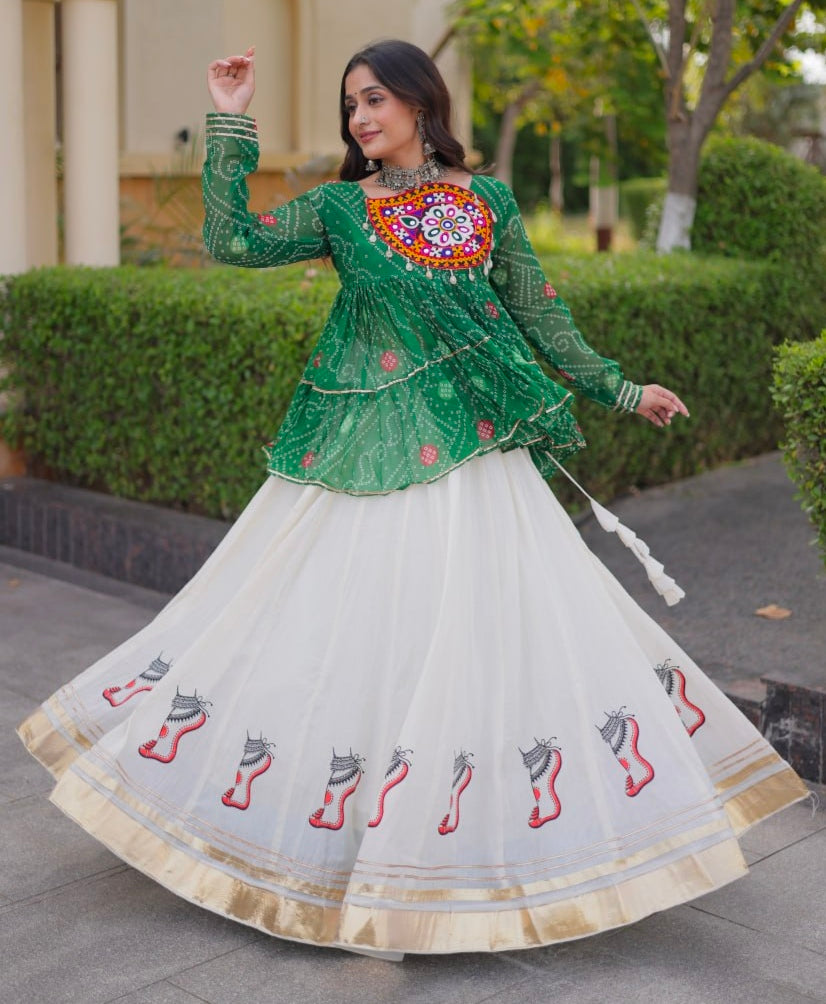 Blue Pure Faux Georgette Bandhani Print With Kutchi Patchework Navratri Lehenga Choli