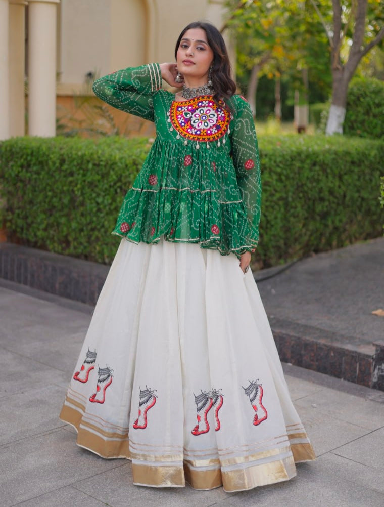 Blue Pure Faux Georgette Bandhani Print With Kutchi Patchework Navratri Lehenga Choli
