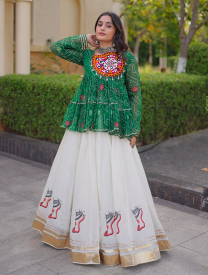 Blue Pure Faux Georgette Bandhani Print With Kutchi Patchework Navratri Lehenga Choli
