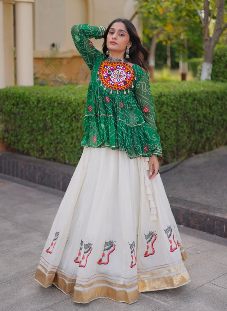 Blue Pure Faux Georgette Bandhani Print With Kutchi Patchework Navratri Lehenga Choli