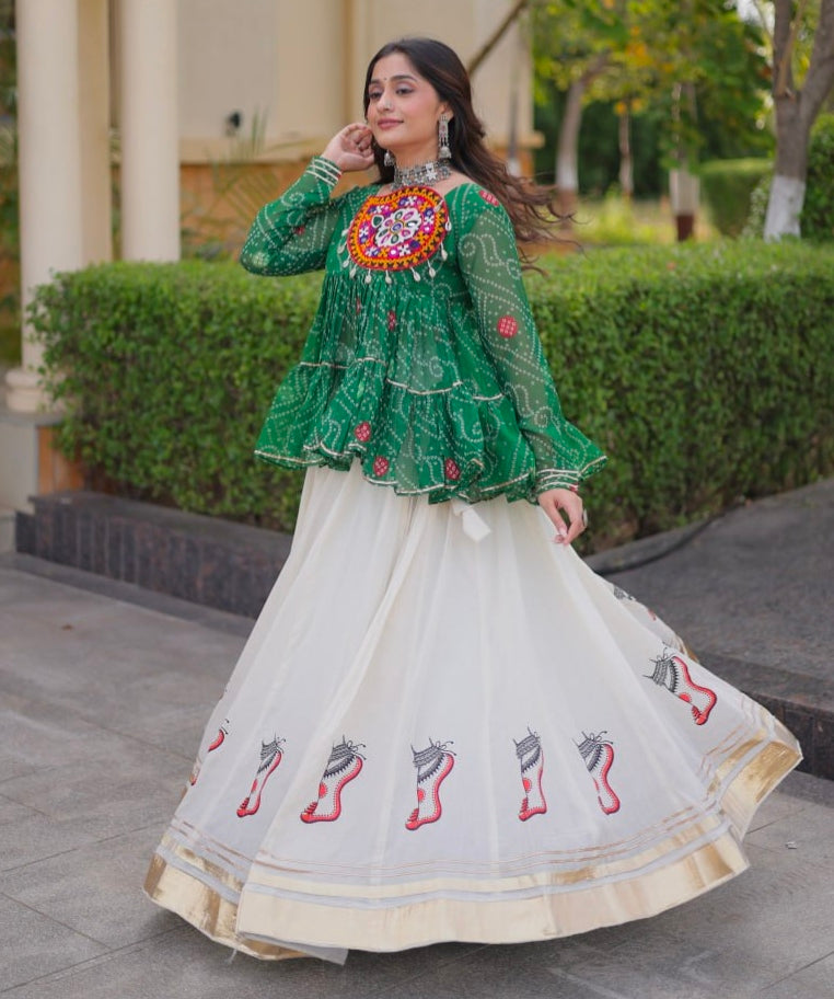 Blue Pure Faux Georgette Bandhani Print With Kutchi Patchework Navratri Lehenga Choli