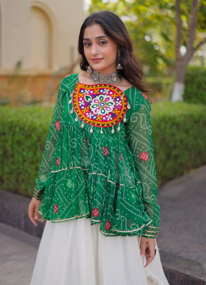 Blue Pure Faux Georgette Bandhani Print With Kutchi Patchework Navratri Lehenga Choli