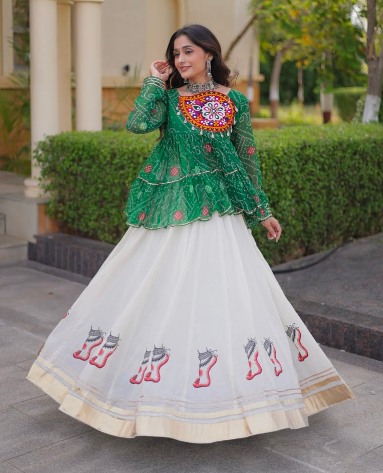 Blue Pure Faux Georgette Bandhani Print With Kutchi Patchework Navratri Lehenga Choli