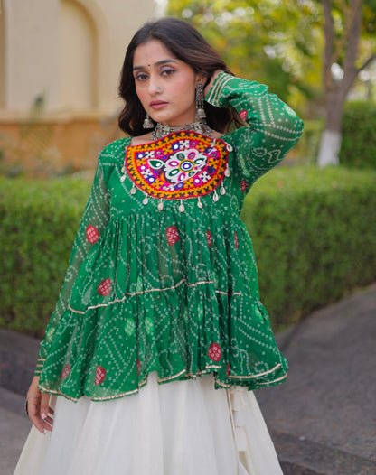 Blue Pure Faux Georgette Bandhani Print With Kutchi Patchework Navratri Lehenga Choli