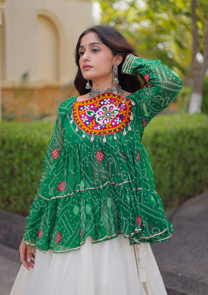 Blue Pure Faux Georgette Bandhani Print With Kutchi Patchework Navratri Lehenga Choli