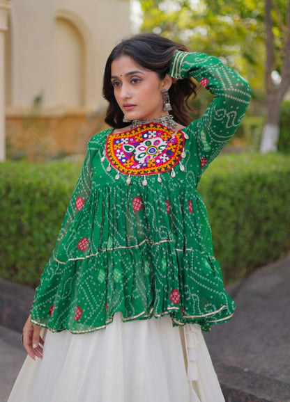 Blue Pure Faux Georgette Bandhani Print With Kutchi Patchework Navratri Lehenga Choli