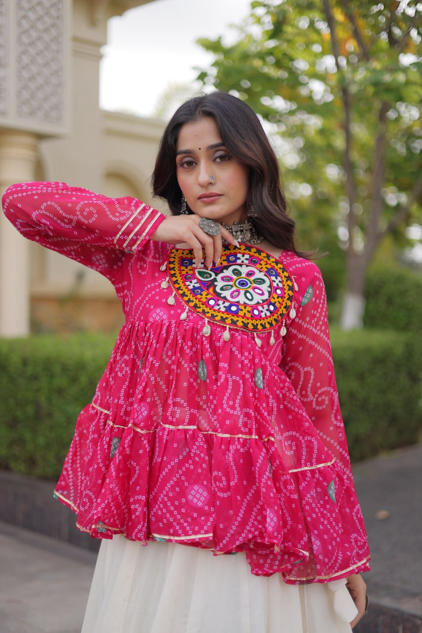Pink Pure Faux Georgette Bandhani Print With Kutchi Patchework Navratri Lehenga Choli