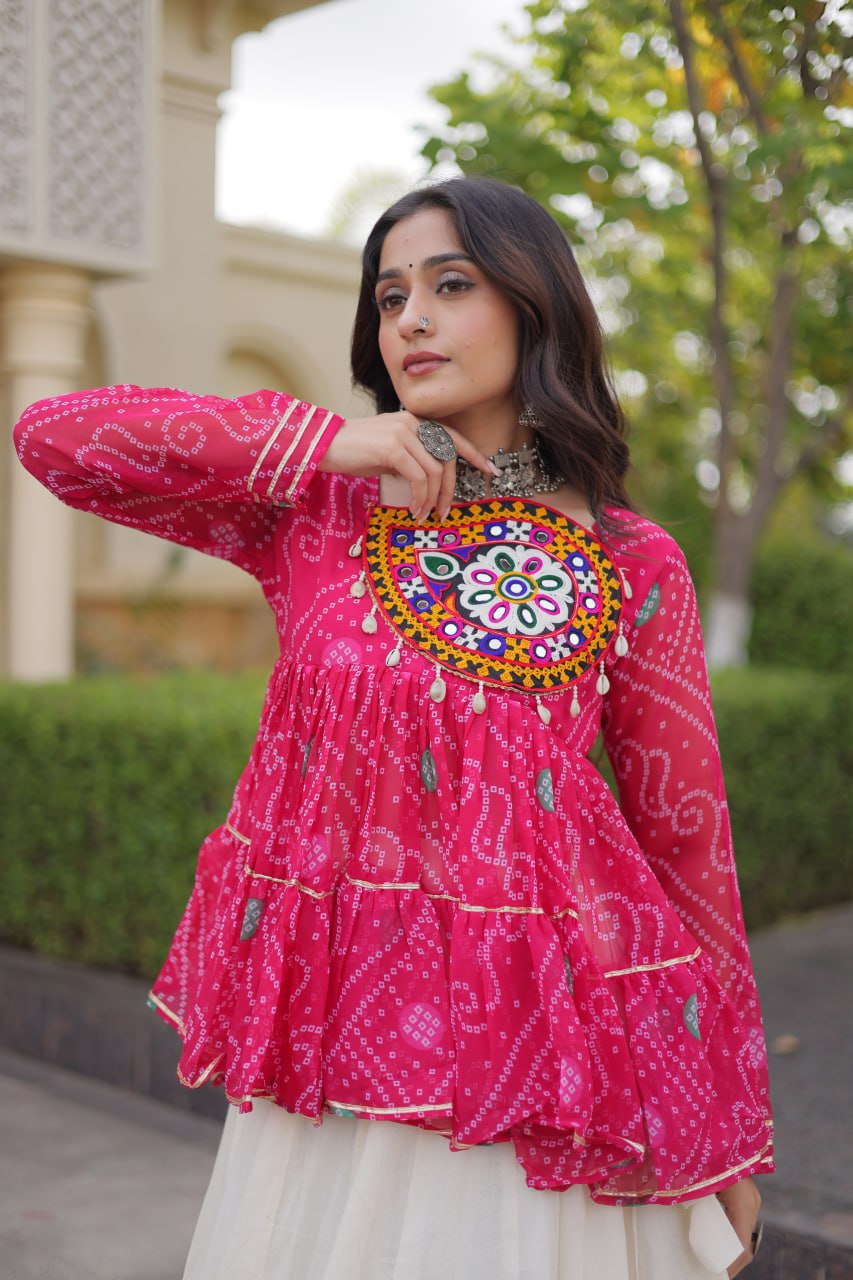 Pink Pure Faux Georgette Bandhani Print With Kutchi Patchework Navratri Lehenga Choli
