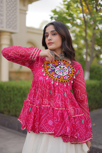Pink Pure Faux Georgette Bandhani Print With Kutchi Patchework Navratri Lehenga Choli