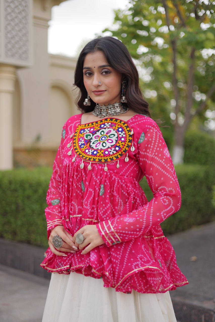 Pink Pure Faux Georgette Bandhani Print With Kutchi Patchework Navratri Lehenga Choli