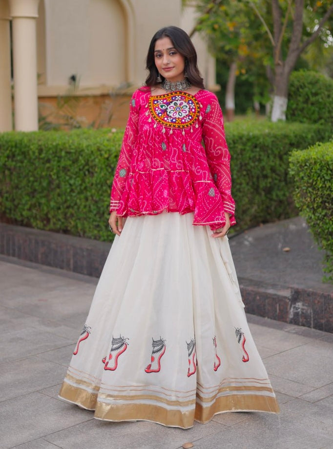 Pink Pure Faux Georgette Bandhani Print With Kutchi Patchework Navratri Lehenga Choli