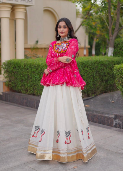 Pink Pure Faux Georgette Bandhani Print With Kutchi Patchework Navratri Lehenga Choli