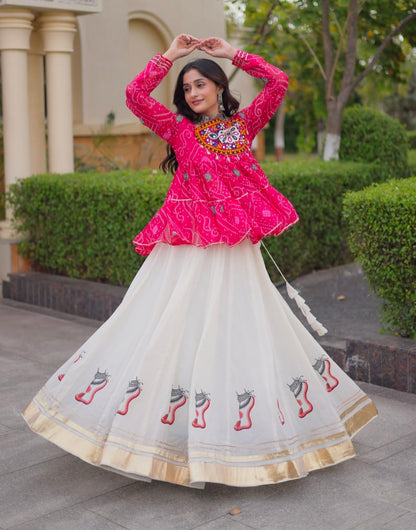 Pink Pure Faux Georgette Bandhani Print With Kutchi Patchework Navratri Lehenga Choli