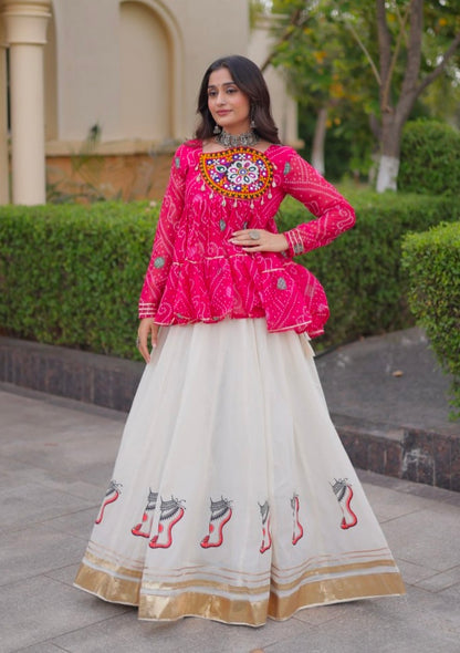Pink Pure Faux Georgette Bandhani Print With Kutchi Patchework Navratri Lehenga Choli