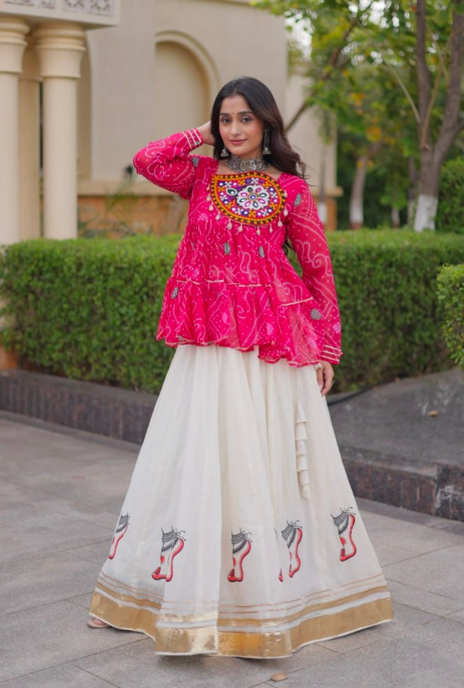 Pink Pure Faux Georgette Bandhani Print With Kutchi Patchework Navratri Lehenga Choli