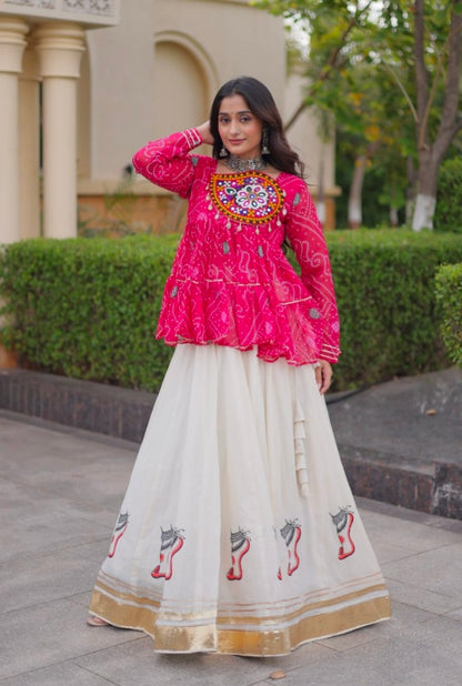 Pink Pure Faux Georgette Bandhani Print With Kutchi Patchework Navratri Lehenga Choli