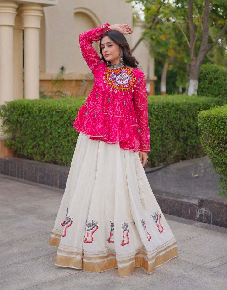 Pink Pure Faux Georgette Bandhani Print With Kutchi Patchework Navratri Lehenga Choli