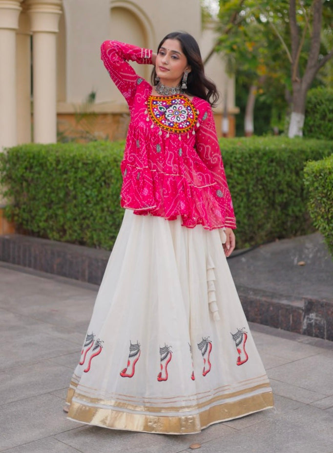 Pink Pure Faux Georgette Bandhani Print With Kutchi Patchework Navratri Lehenga Choli