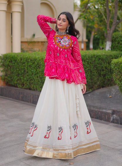 Pink Pure Faux Georgette Bandhani Print With Kutchi Patchework Navratri Lehenga Choli