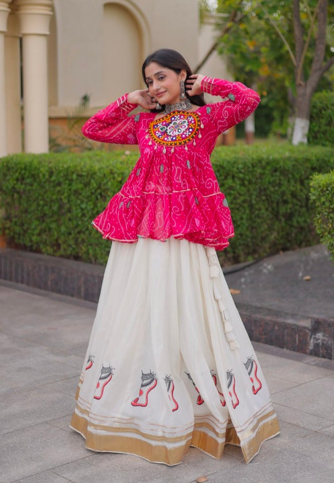 Pink Pure Faux Georgette Bandhani Print With Kutchi Patchework Navratri Lehenga Choli