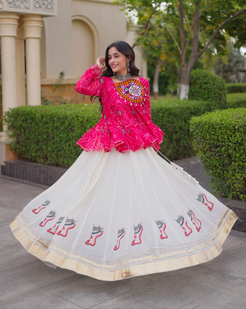 Pink Pure Faux Georgette Bandhani Print With Kutchi Patchework Navratri Lehenga Choli