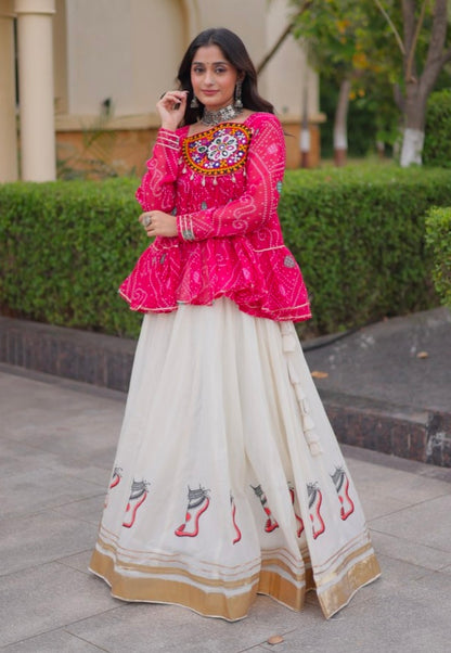 Pink Pure Faux Georgette Bandhani Print With Kutchi Patchework Navratri Lehenga Choli