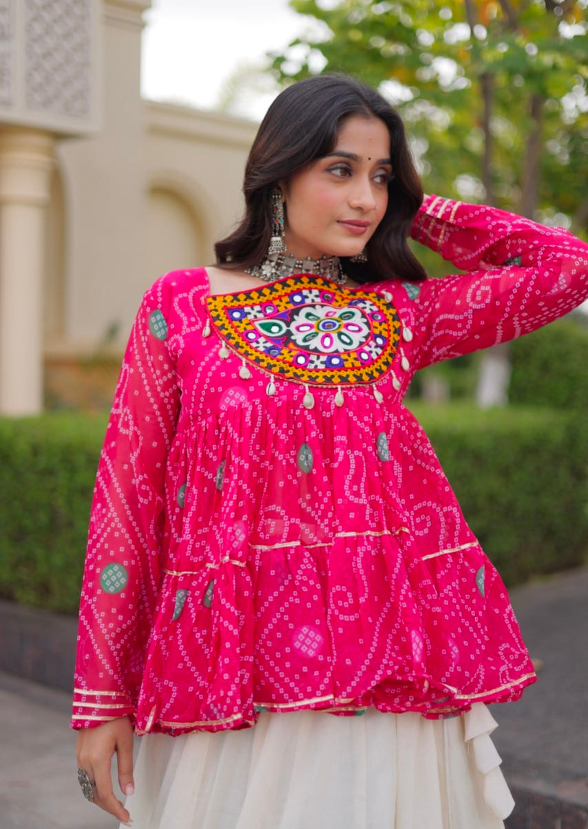 Pink Pure Faux Georgette Bandhani Print With Kutchi Patchework Navratri Lehenga Choli