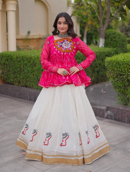Pink Pure Faux Georgette Bandhani Print With Kutchi Patchework Navratri Lehenga Choli