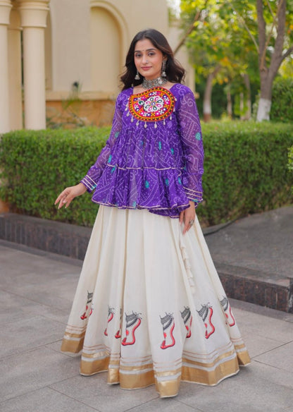 Blue Pure Faux Georgette Bandhani Print With Kutchi Patchework Navratri Lehenga Choli