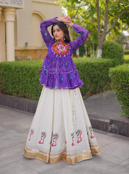 Blue Pure Faux Georgette Bandhani Print With Kutchi Patchework Navratri Lehenga Choli
