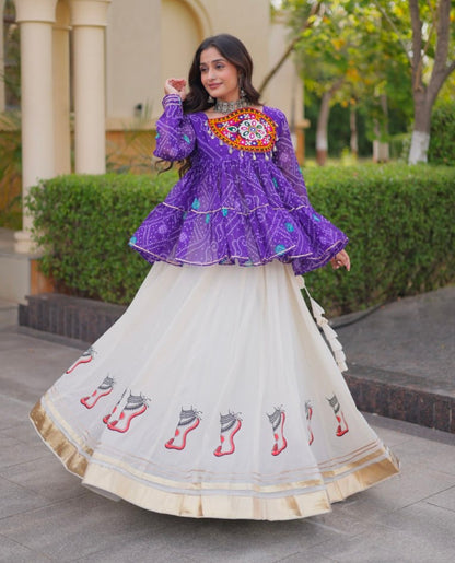 Blue Pure Faux Georgette Bandhani Print With Kutchi Patchework Navratri Lehenga Choli