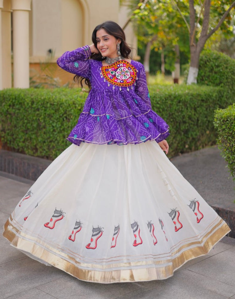 Blue Pure Faux Georgette Bandhani Print With Kutchi Patchework Navratri Lehenga Choli