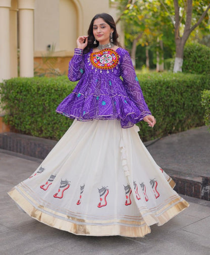 Blue Pure Faux Georgette Bandhani Print With Kutchi Patchework Navratri Lehenga Choli