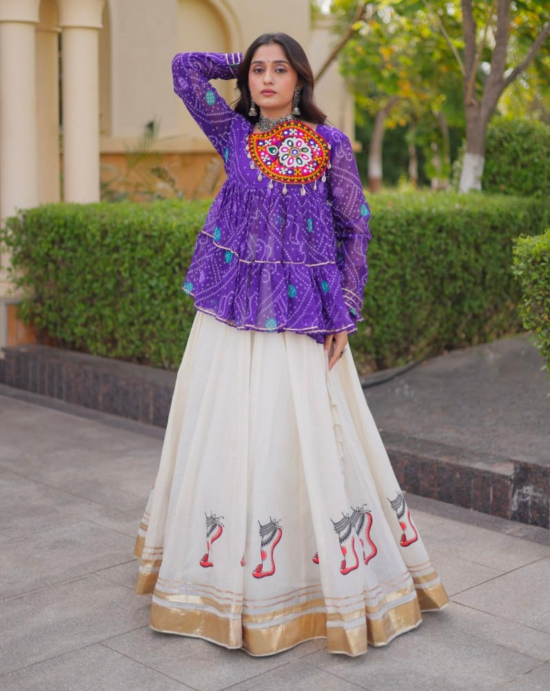 Blue Pure Faux Georgette Bandhani Print With Kutchi Patchework Navratri Lehenga Choli