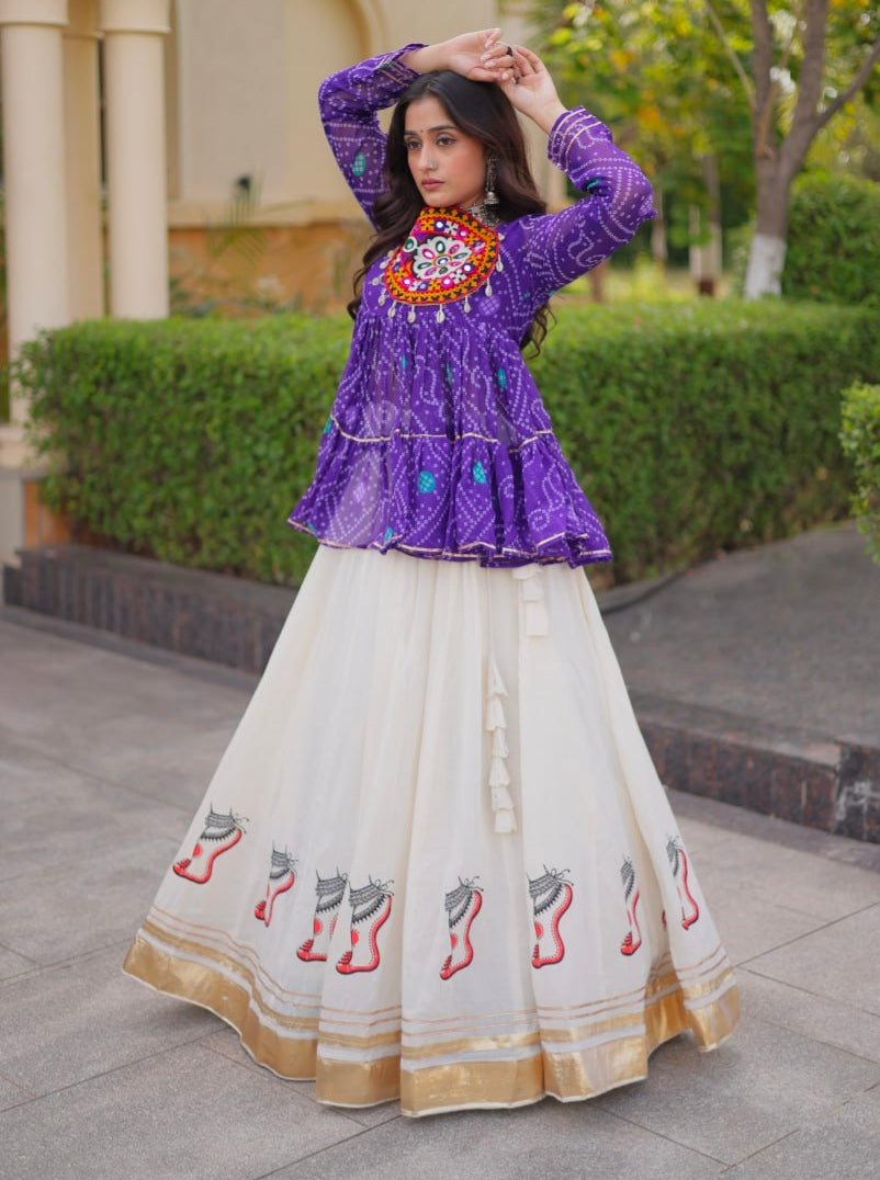 Blue Pure Faux Georgette Bandhani Print With Kutchi Patchework Navratri Lehenga Choli