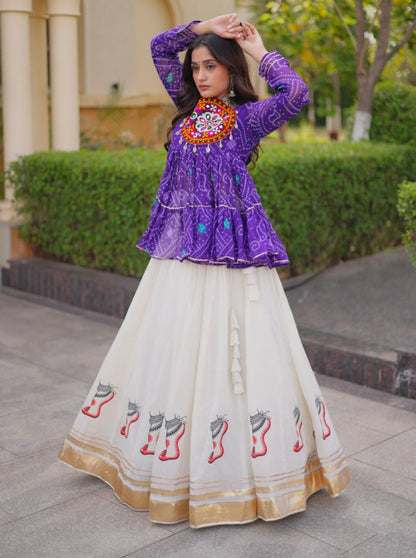 Blue Pure Faux Georgette Bandhani Print With Kutchi Patchework Navratri Lehenga Choli
