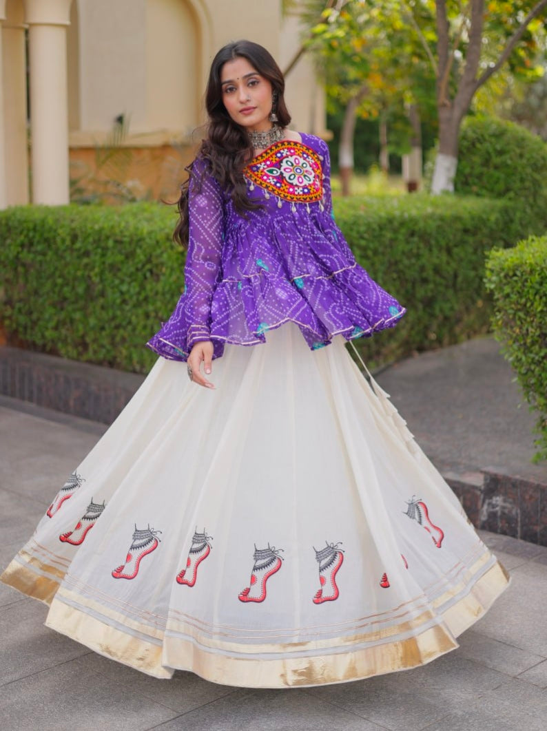 Blue Pure Faux Georgette Bandhani Print With Kutchi Patchework Navratri Lehenga Choli