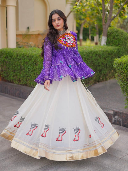 Blue Pure Faux Georgette Bandhani Print With Kutchi Patchework Navratri Lehenga Choli